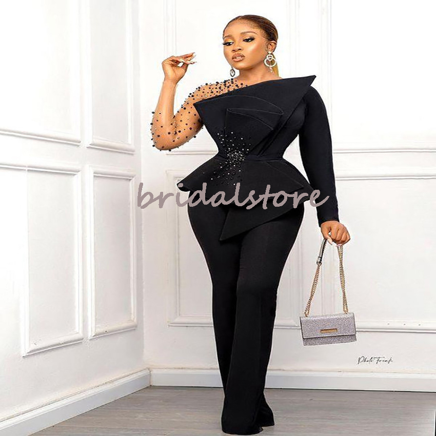 Chic African Black Aso Ebi Prom Dresses 2022 With Beaded Long Sleeve Plus Size Evening Dress Jumpsuit Dinner Party Wear Satin Outfit Pant Special Occa