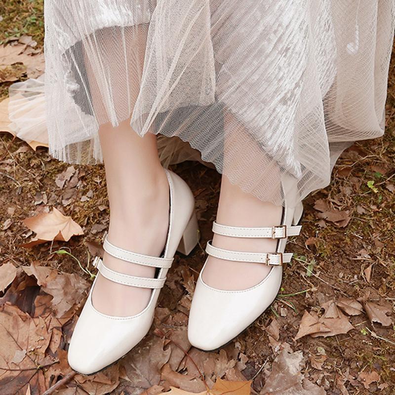 Spring Autumn Women Double Buckle Mary Janes Shoes Patent Leather Dress High Heels Pumps Retro Ladies Shoe Black Red