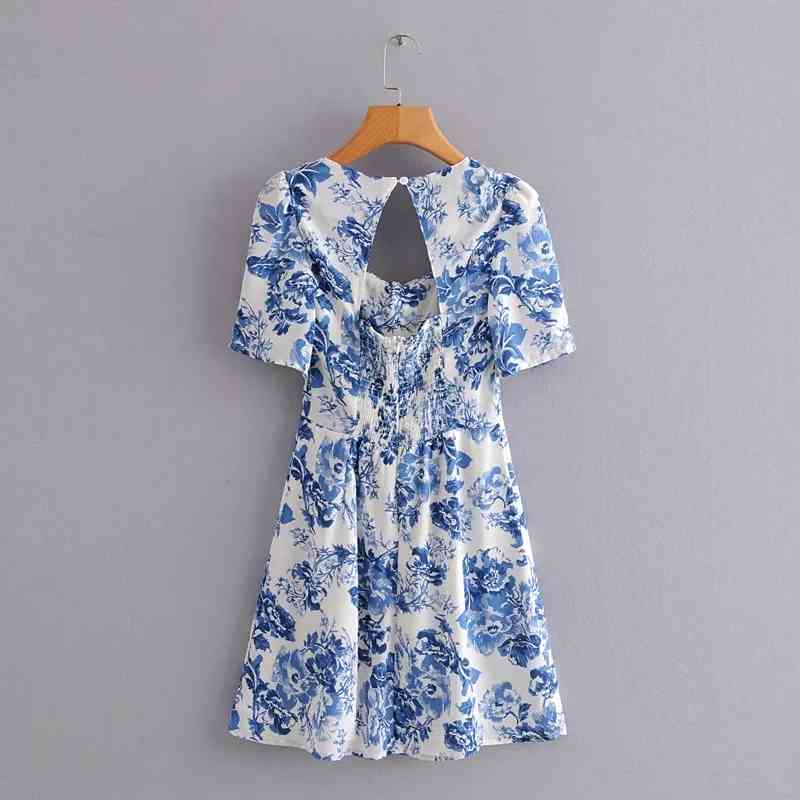 Foridol Summer Vintage Dress Elegant Mini Dress Beach Female Short Backless Dresses Blue Flower Boho Vestidos 210415