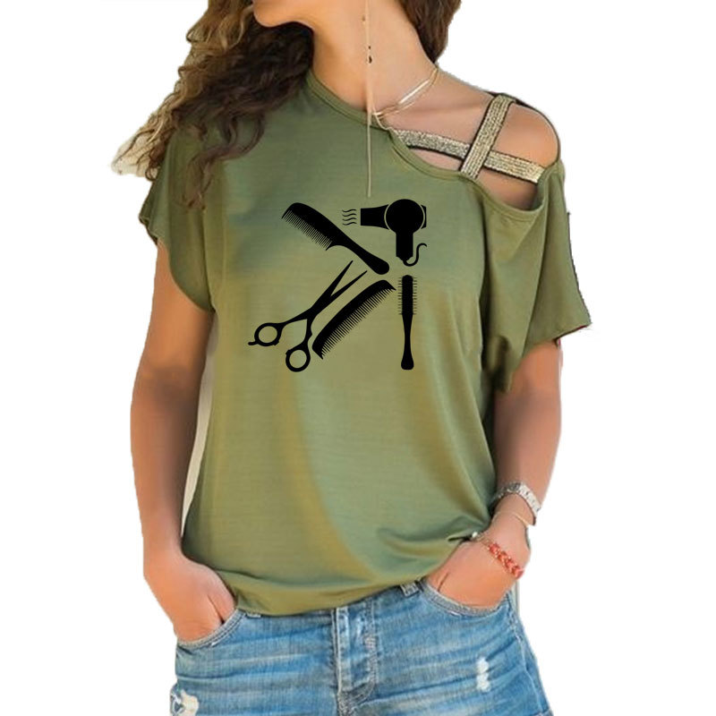 New Art Hair salon Tee Shirt Hairstyle Barber Shirt funny women tumblr fashion new Irregular Skew Cross Bandage style tee tops 210406