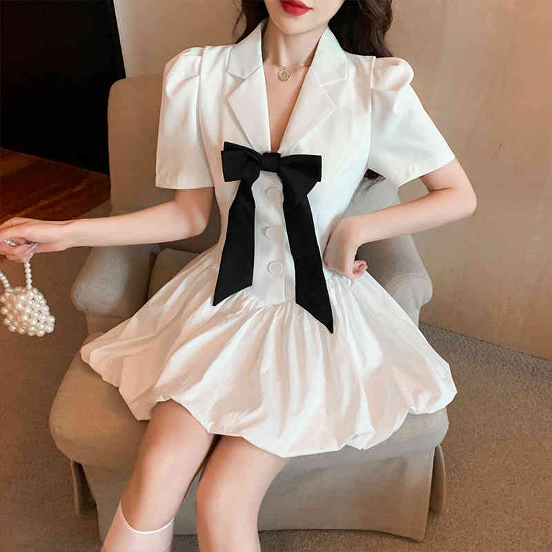 White Elegant Bud Dress Woman Vestidos Vintage Bow Notched Collar Single-Breasted OL Work Casual Mini Dresses Female 210518