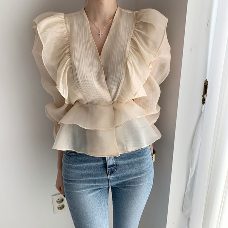 Fashion Female Vintage Slimming Chiffon Blouse Ruffled Deep V-neck Silk Shirt Solid Sweet Flare Sleeve Woman's 10334 210518