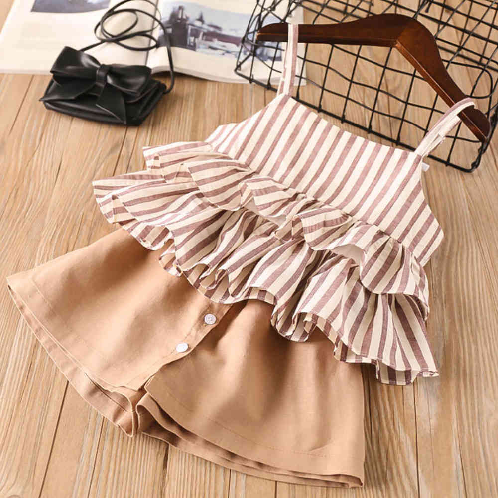 Girls Set Summer Style Children's Clothes Outfits Striped Tops + Button Skirt Pants 2Pcs Kid Sets 210515