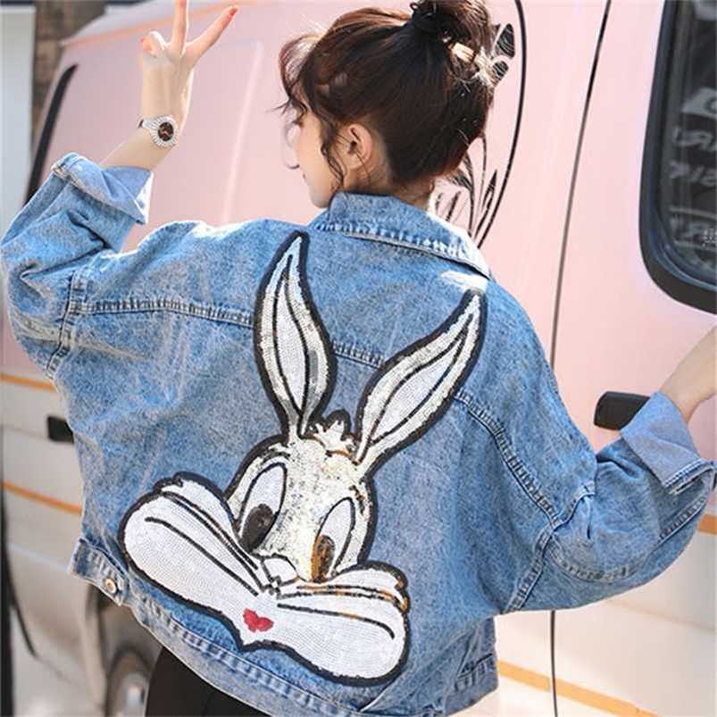 GCAROL Cartoon Sequined Oversized Denim Jacket Bling Loose Preppy Style Embroidered Short Coat Character Outfits 4 season 211117