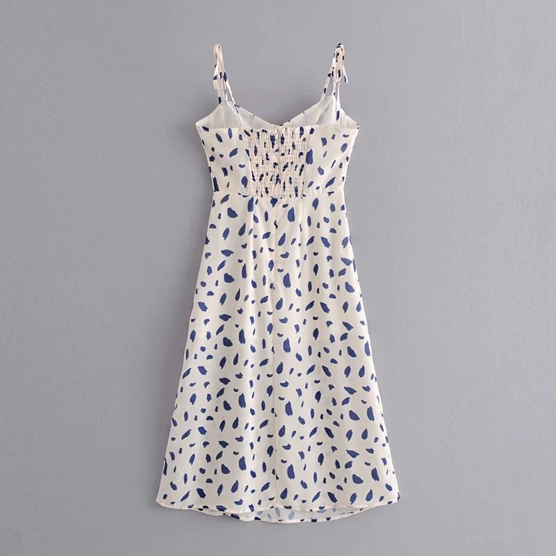 French Summer Leopard Print Bandage Spaghetti Strap White Midi Dress Retro Sexy Women Lacing Up Sling Slit Dresses Vestido 210429