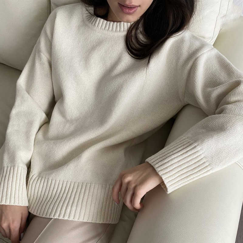 Hirsionsan Basic Khaki Knitted Cashmere Sweater Winter Loose Solid Ladies Pullovers Warm Casual Knitwear Jumper 211011Z