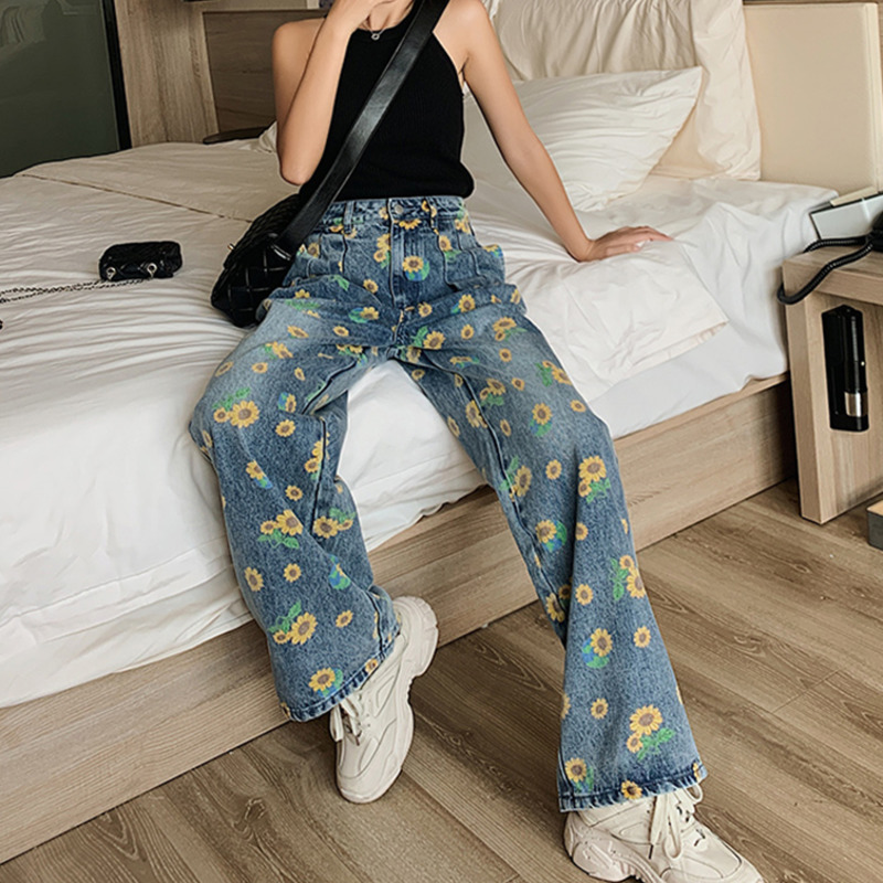 Summer Casual Jeans Woman Long Trousers Cowboy Female Loose Streetwear Small Flowers Wide Leg Pants ZA4513 210427