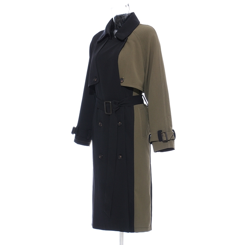VGH Patchwork Hit Color Lapel Collar Trench Coats For Women Long Sleeve Double Breasted Windbreaker For Women Winter New 210421