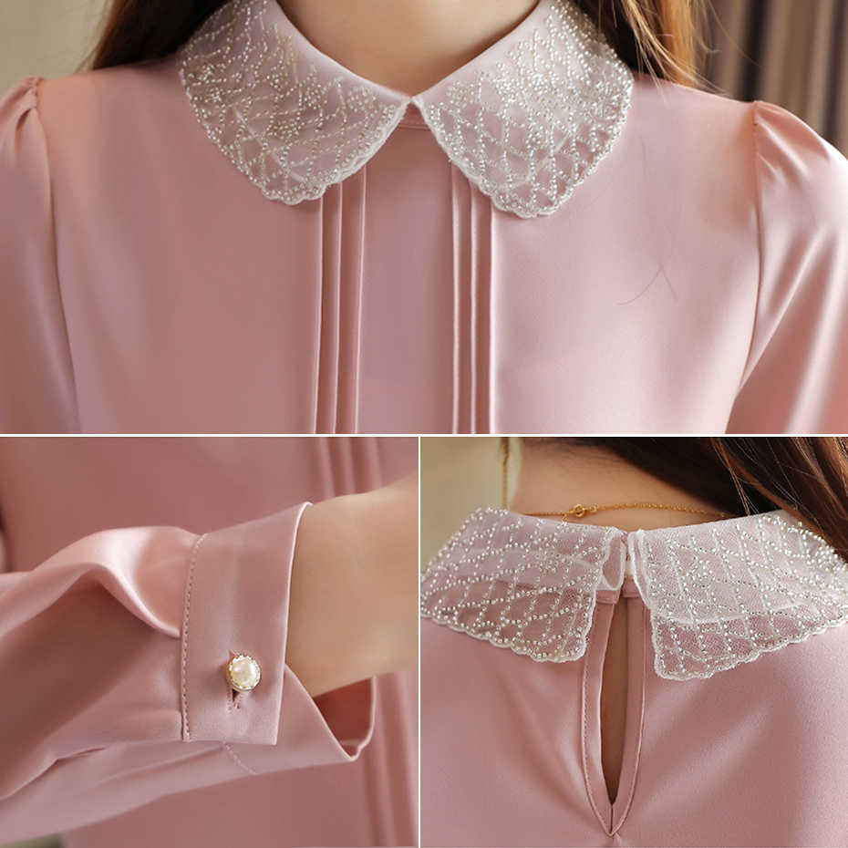 Chiffon Shirt Female Doll Collar Beaded Blouse OL Temperament Long Sleeve Back Button Pullovers Plus Size 210601