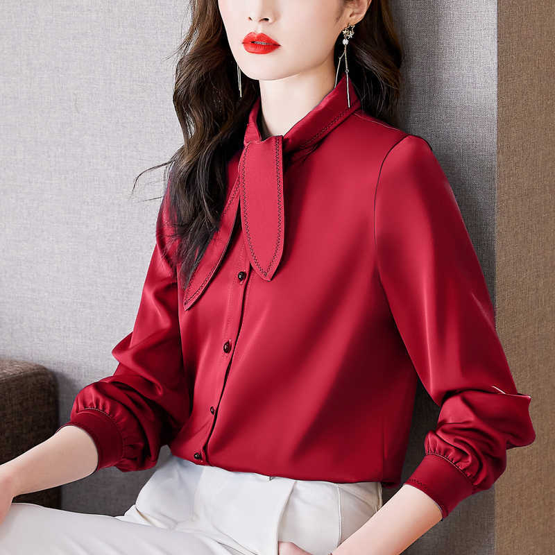 Korean Women Silk Blouses Woman Satin Bow Shirts Embroidery Top Plus Size Long Sleeve 210604
