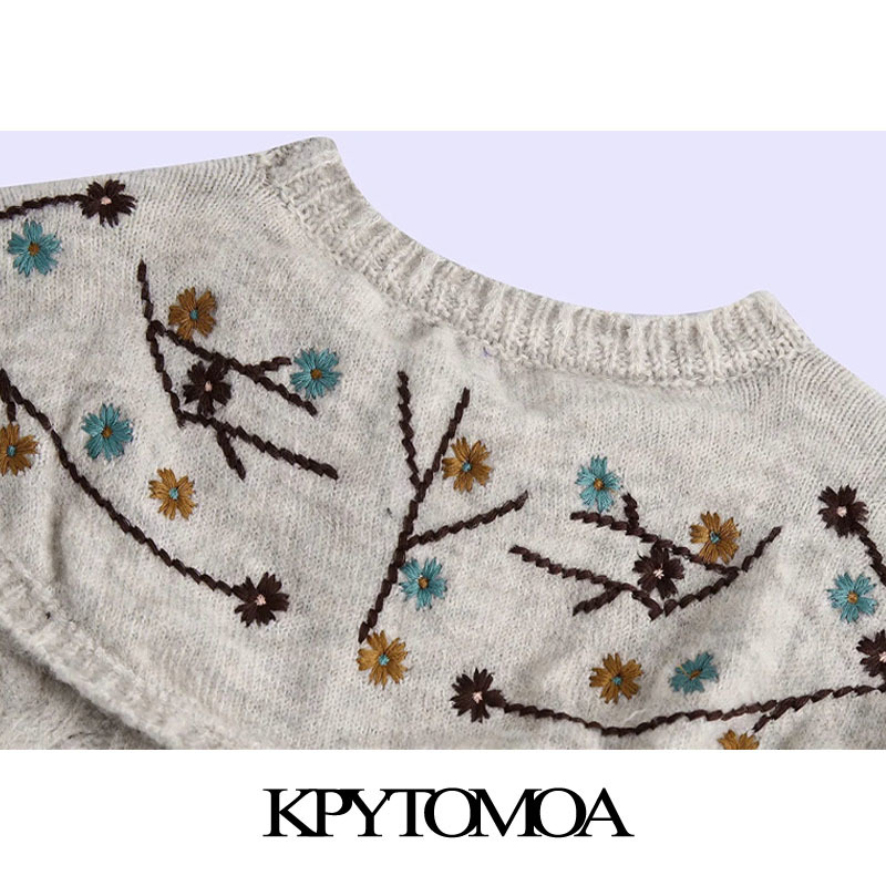 Women Fashion Embroidered Cropped Knitted Sweater Peter Pan Collar Long Sleeve Female Pullovers Chic Tops 210420