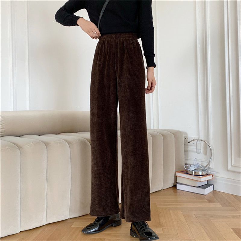 OL Elastic High Waist Wide Leg Corduroy Pants Women Fashion Autumn Winter Bottoms Thick Warm Casual Loose Trousers 210421