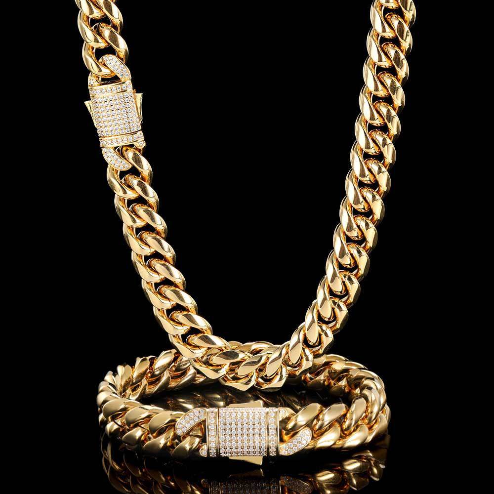 Wholale Hip Hop Stainls Steel Lock Clasp Cuban Necklace 14K 18K Gold Plated Iced Out Men Miami Cuban Link Chain
Wholale Hip Hop Stainls Steel Lock Clasp Cuban Necklace 14K 18K Gold Plated Iced Out Men Miami Cuban Link Chain