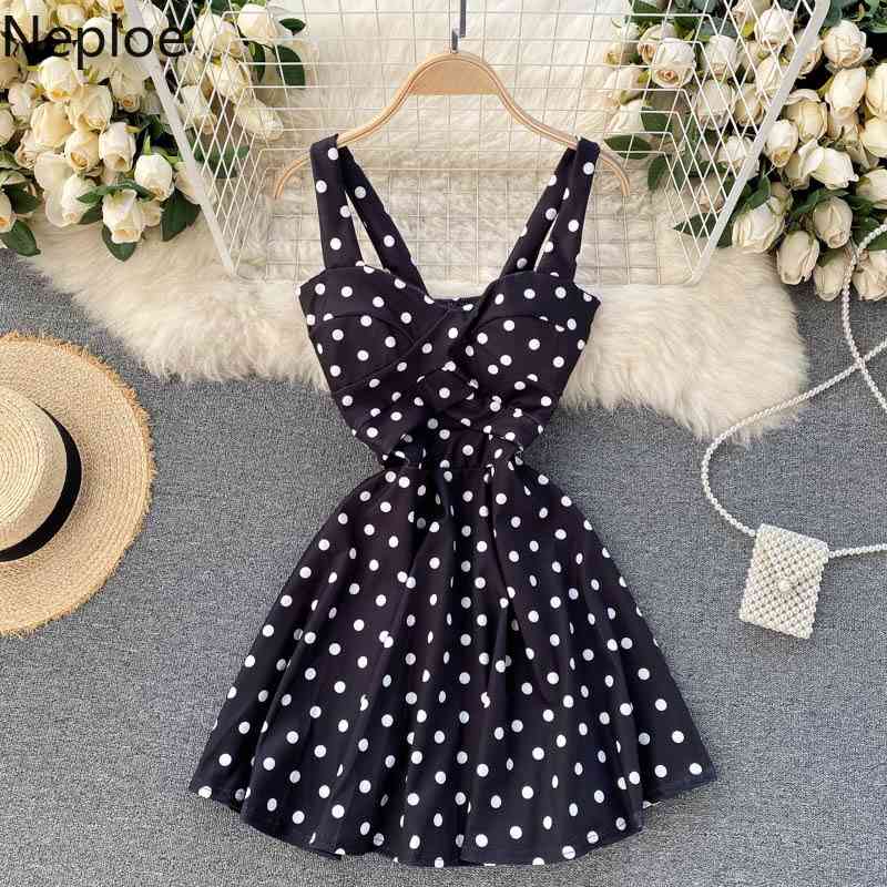Neploe Woman Dress Fashion Polka Dot V-neck Backless Vestidos Summer Clothes Robe Sweet Sling Mini Dresses for Women 94937 210422