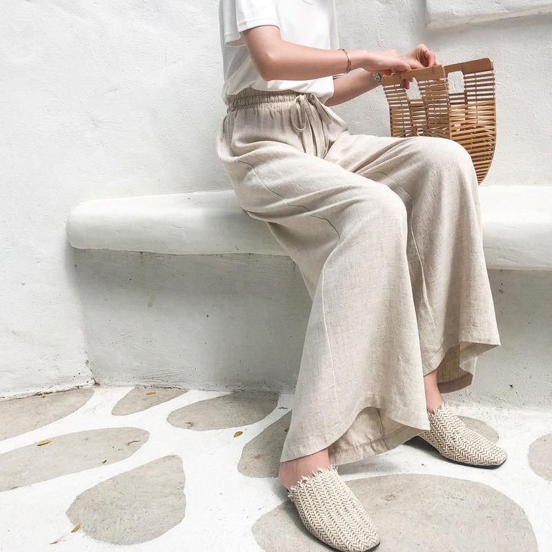 Spring Summer Women Pants Plus Size High Waist Loose Solid Cotton Linen Wide Leg Female Casual Trousers Big D50 210512