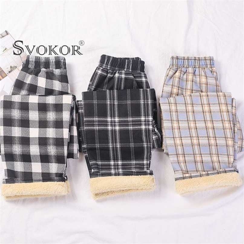 SVOKOR Women Plus Cashmere Warm Winter Pants Casual Retro Checkered Wide Leg Fashion Trousers Girl 211115