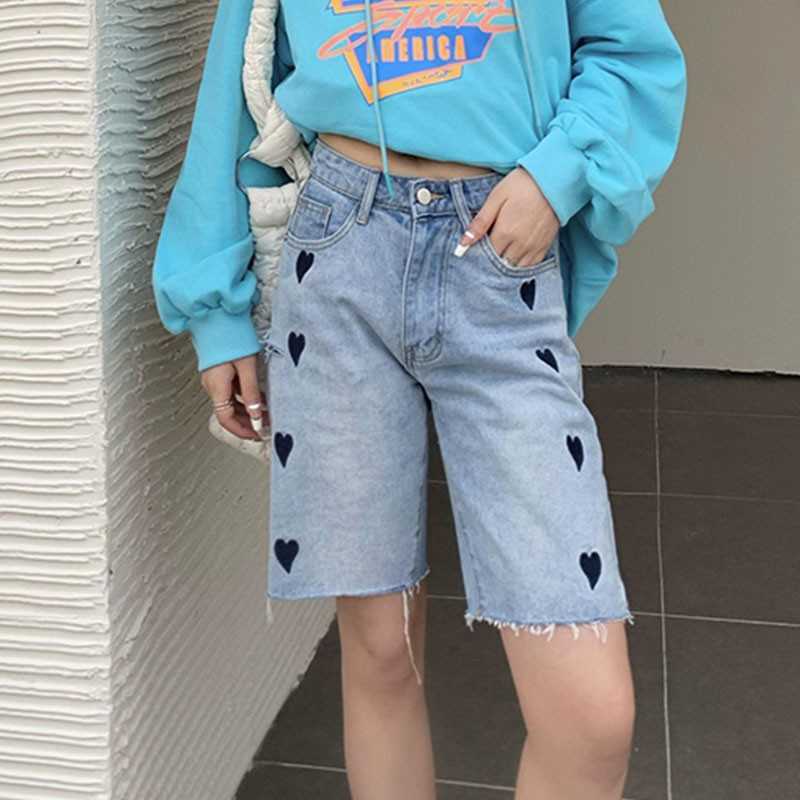 Genayooa Streetwear Denim Shorts Women Print Heart Chic High Waist Biker Jeans Feminino Summer Korean Style Ladies 210714