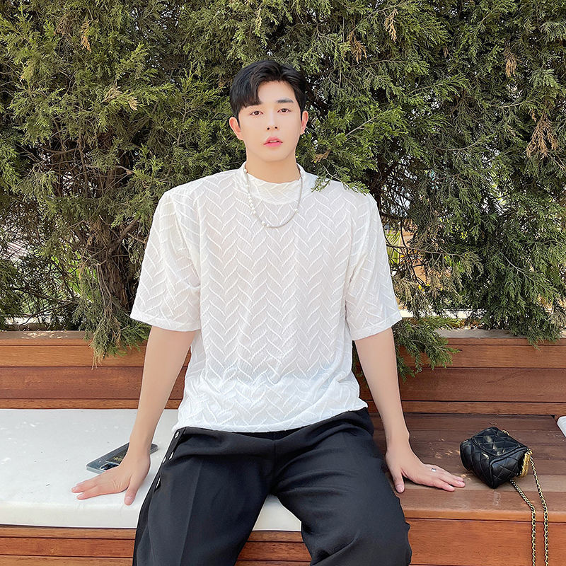 IEFB Summer T-shirts For Men Wrinkle Texture Short Sleeve T-shirt Men's Loose Black White Korean Trend Tee Tops 9Y7769 210524