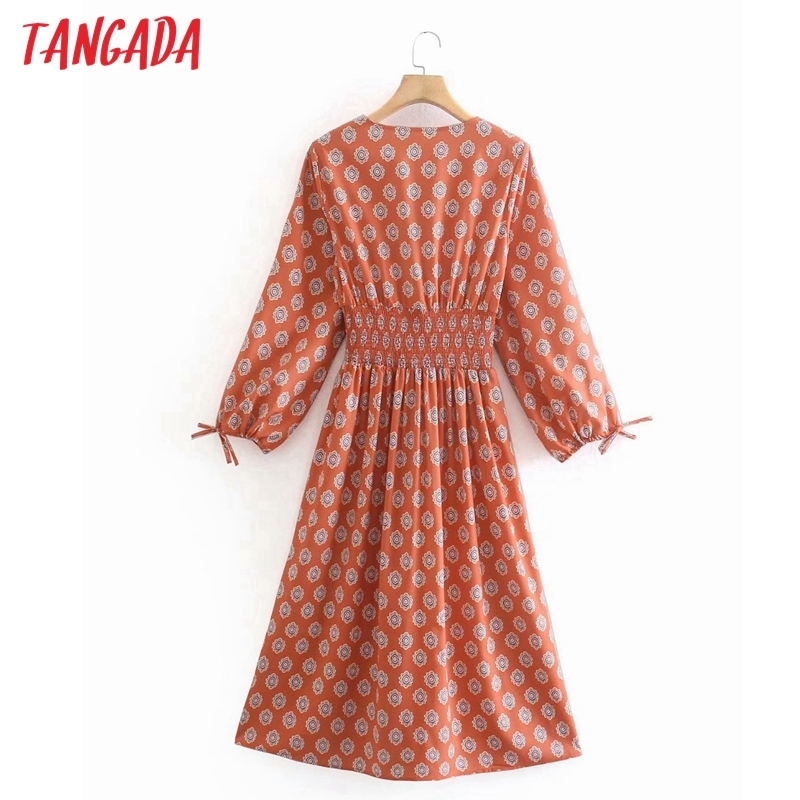Fashion Women Vintage Flowers Print V Neck Sleeve Casual Female Long Dress XN309 210416