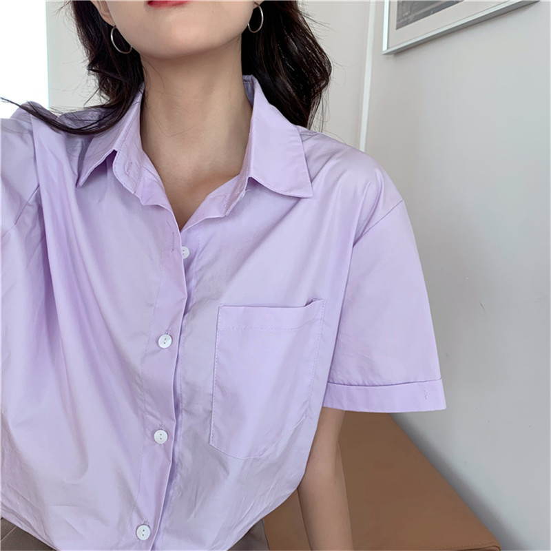 Summer Women Blouses OL Solid Basic Shirt Femme Casual Short Sleeve Fashion Cotton Loose Lapel Work Wear Tops 210421