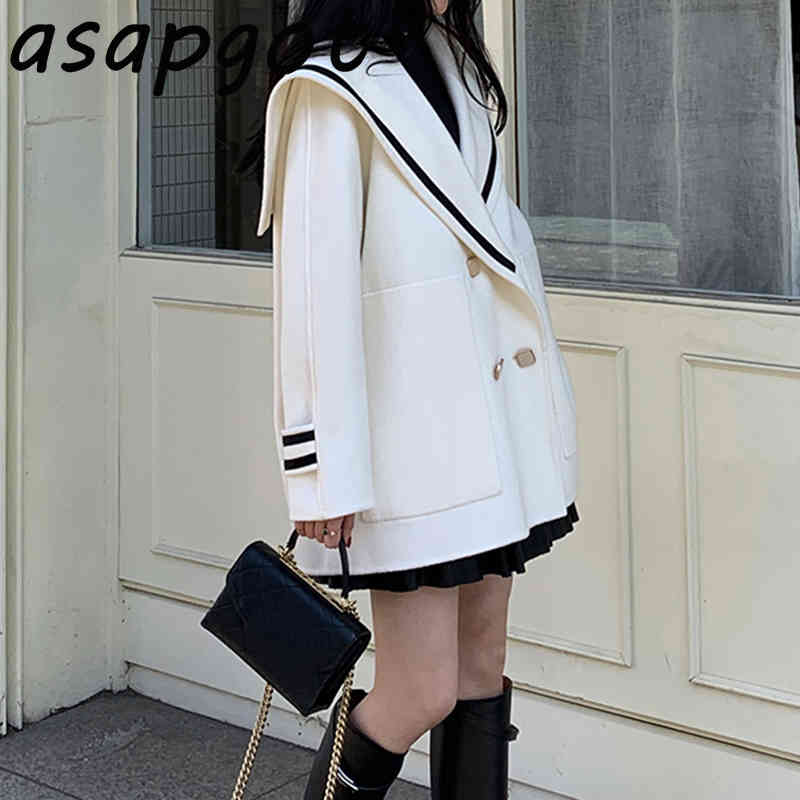 Quilted Coats & Jackets Wool Blends Contrast Sailor Collar Woolen Coat Women Double Breasted Loose Big Pockets Full 210429