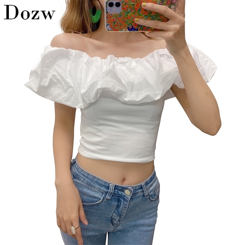 Summer Sexy Off Shoulder White Blouse Women Bodycon Holiday Beach Short Tops Ladies Ruffles Chic Shirt Female Camisas 210515