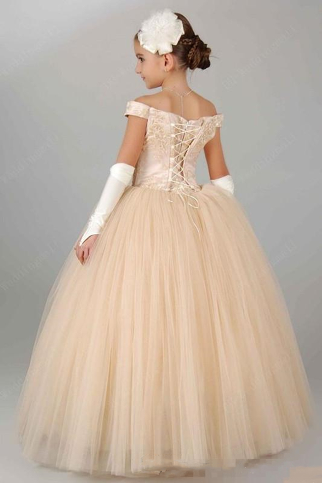 Elegant Light Champagne Long Flower Girls Dresses For Wedding Party Off The Shoulder Lace Appliques Princess Prom Pageant Gowns Toddler Kids Communion