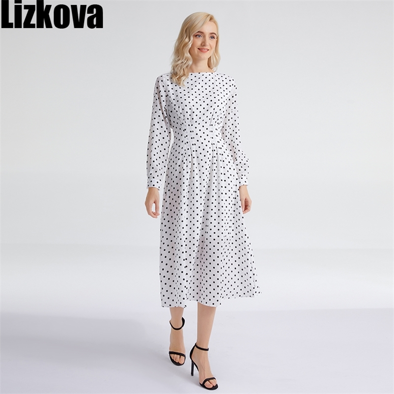 Lizkova White Dot Print Chiffon Dress Women Long Sleeve Elastic Waist Robe Spring Female O-neck Lantern Sleeve Vestio NI001 210409