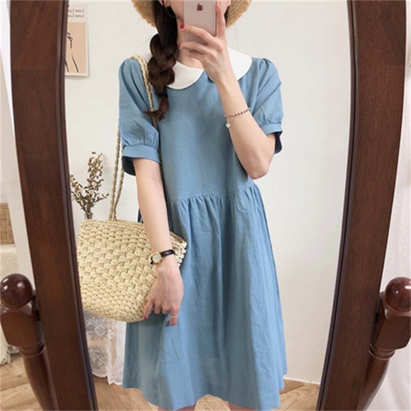 collar Summer Women Cotton Linen OL Casual Short Sleeve Dresses Female Dress Solid brown Boho Robe Femme Vestido 210417Z
