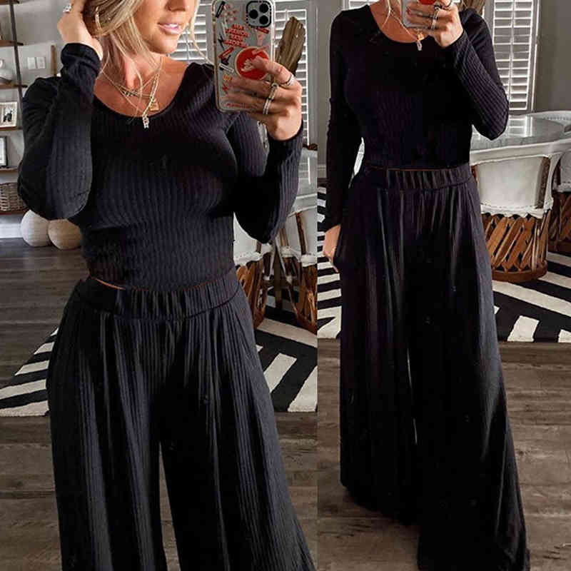 Winter Casual Set Pants Set Women O Neck Casual Crop top + High Waist Pants Vintage Women 2 Piece Set Home Suit Female 210515