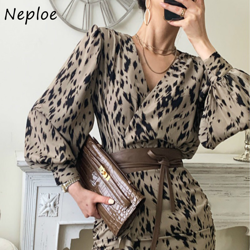 Vintage Leopard Pattern Temperament Ol Dress Women High Waist Hip Bodycon Vestidos French Slim Sashes Robe Spring 210422