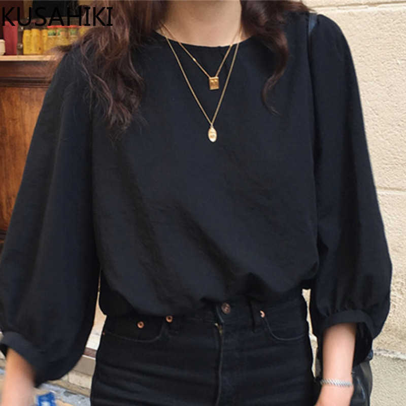 Women Blouse Korean O-neck 3/4 Puff Sleeve Shirt Causal Solid Pullover Blusas Mujer De Moda Verano 6F671 210603