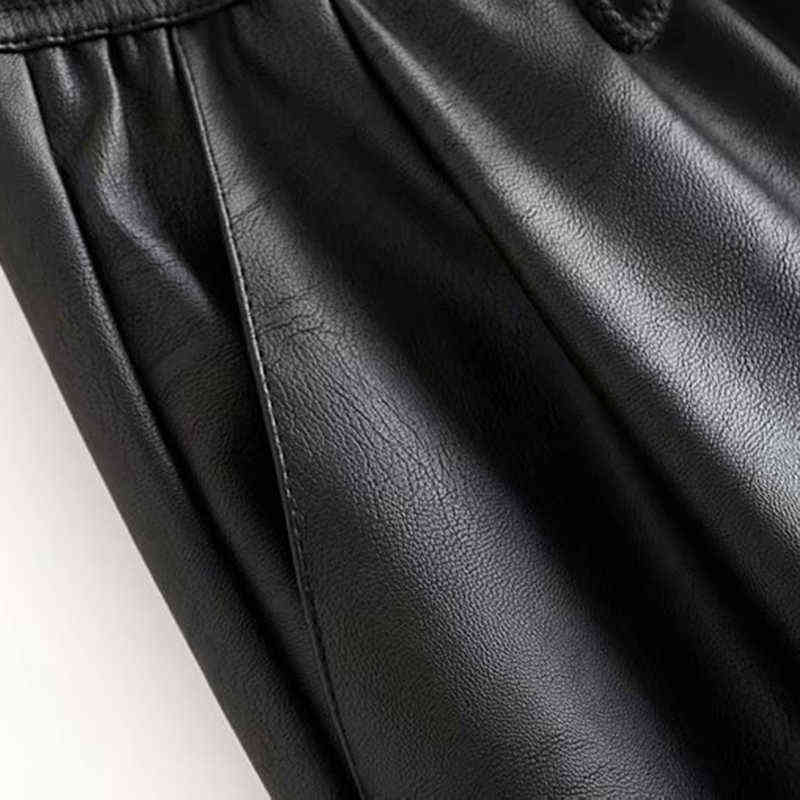 TRAF Women Faux PU Leather Pockets Pants Vintage Fashion Elastic Waist Drawstring Tie Ladies Ankle Trousers Pantalones Mujer 211115