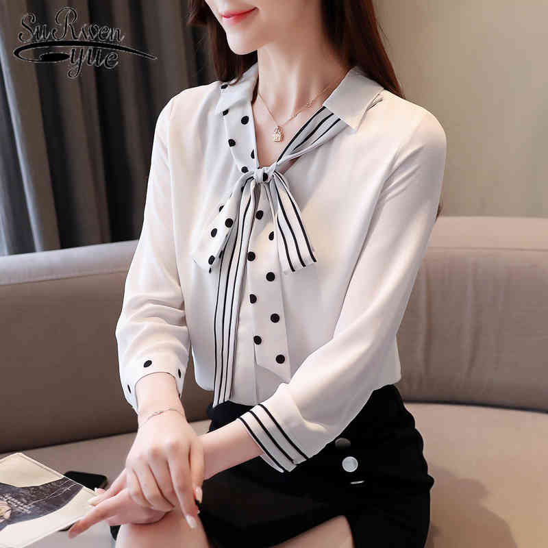 Spring Long Sleeve V-neck Elegant Chiffon Shirt Lace-up Polka Dot Women Tunic Ladies' Tops 8580 50 210427