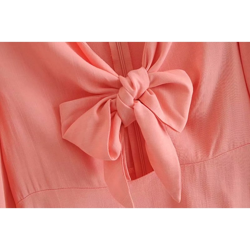Elegant Women Bow V-Neck Cotton Dresses Fashion Ladies Puff Sleeve Vestidos Sweet Female Chic A-Line Mini Dress 210430