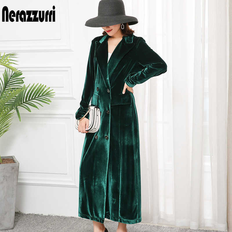 Nerazzurri High Quality Long Green Black Soft Velvet Trench Coat for Women Fall Peaked Lapel british style Overcoat 210820