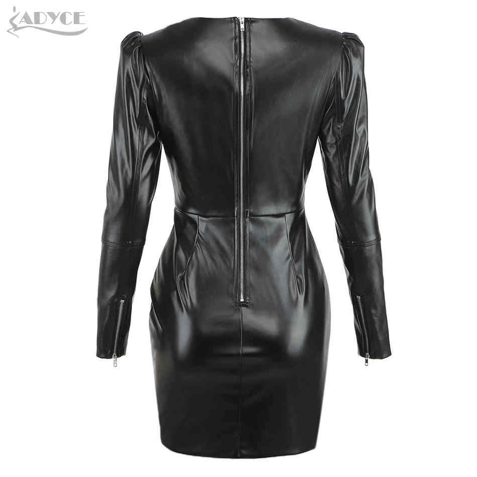 Fashion Long Sleeve V Neck Women's Summer Dress Sexy Black PU Mini Evening Runway Club Party Outfit Lady Dresses 210423