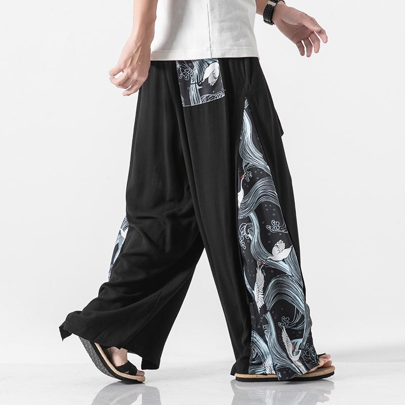 Retro Chinese Men's Casual Long Pants Wide Leg Spring Summer Ice Silk Trousers L3