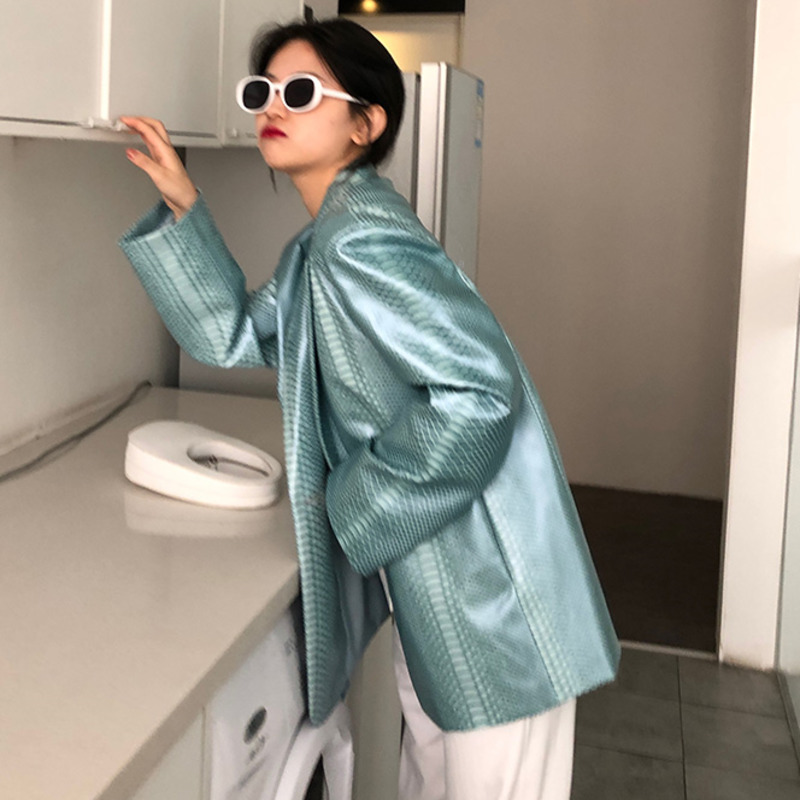 Autumn Women's Blue Green Snake Print PU Leather Blazer Casual Loose Lapel Long Sleeve Suit Coat Trend ZC174 210427