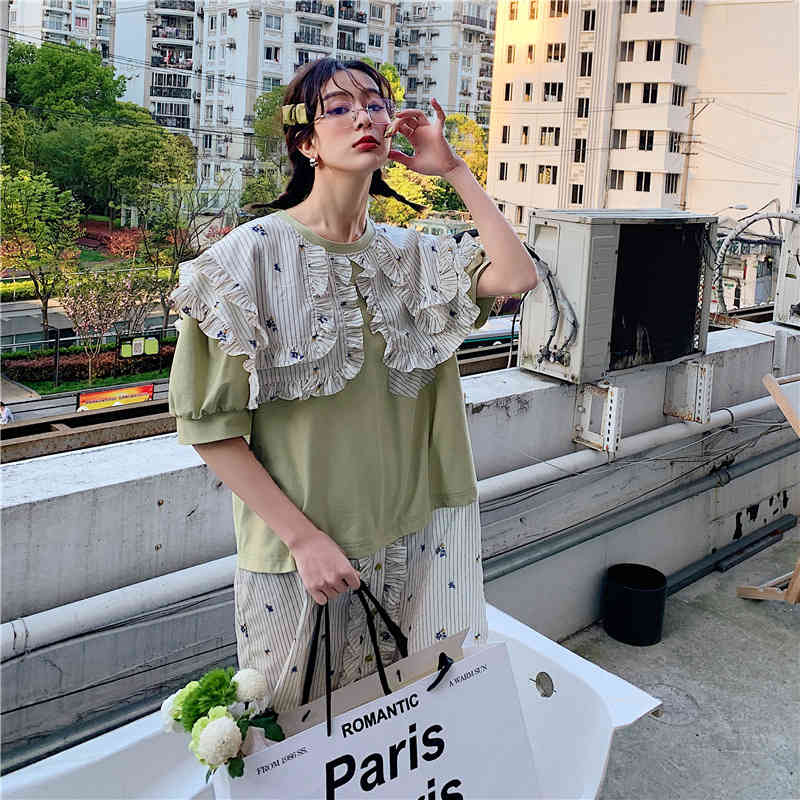 Summer Ruffle Peter Pan Collar Dress Mid Length Patchwork Temperamet Loose Fit Fashion 2C050 210526