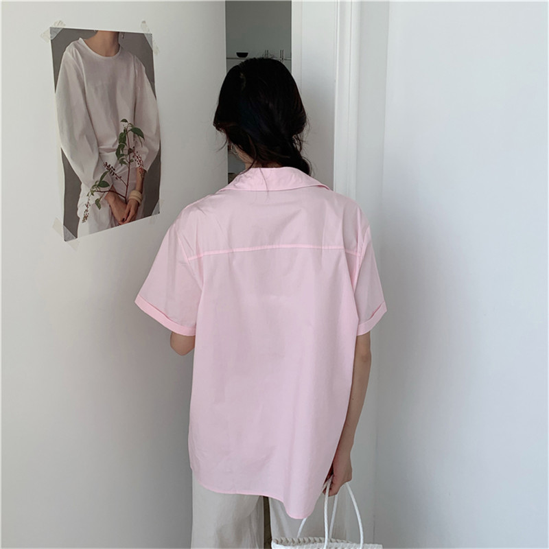 Summer Women Blouses OL Solid Basic Shirt Femme Casual Short Sleeve Fashion Cotton Loose Lapel Work Wear Tops 210421