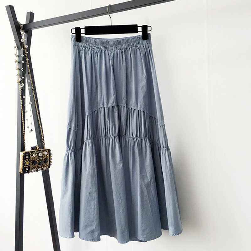 TIGENA Cotton Pleated Skirt Women Fashion Summer Casual Solid A Line High Waist Midi Long Female Black White Purple 210619