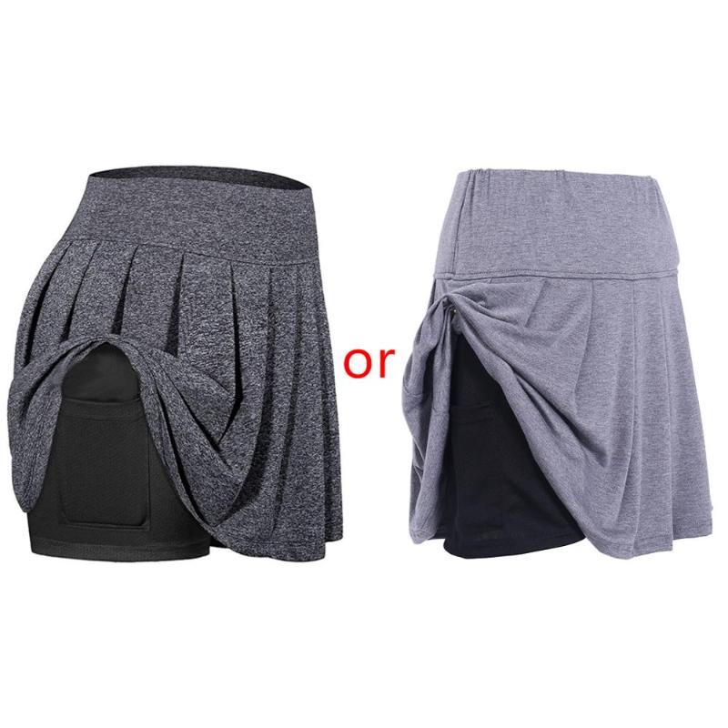 Women Sport Pleated Golf Skort High Waist 2-In-1 Tennis Skirt With Shorts Pocket X7YA Women's