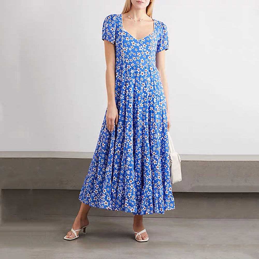 Fashion Runway Summer Long Sleeve Maxi Dress Women's Blue Robe De Mujer Floral Print Elegant Party Holiday Dresses 210421