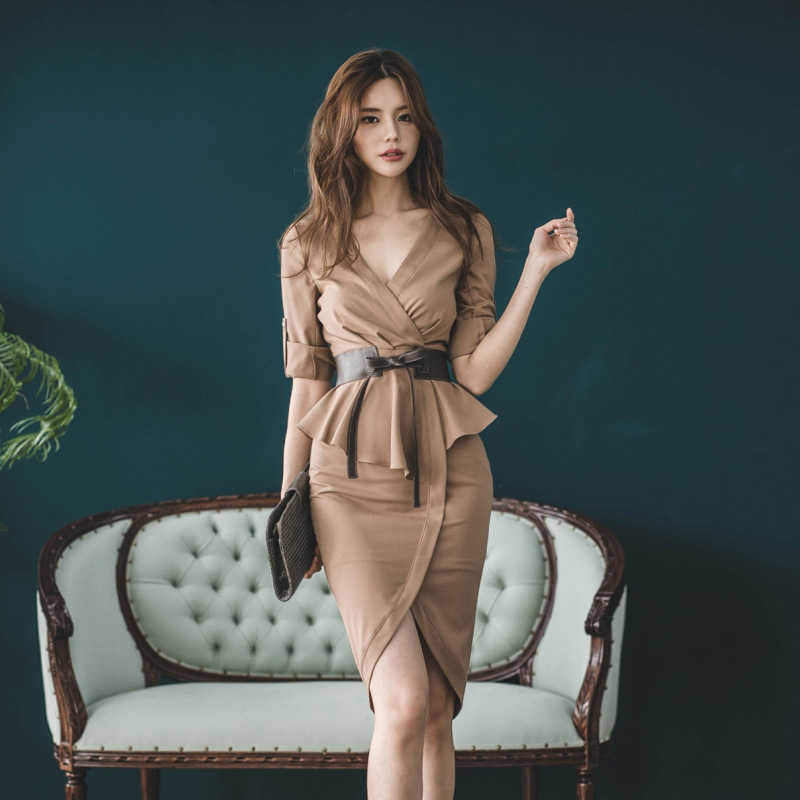 Elegant Women Pencil Dress Vestidos Autumn Half Sleeve Peplum Office Ladies Work Sheath Bodycon Dresses 210603
