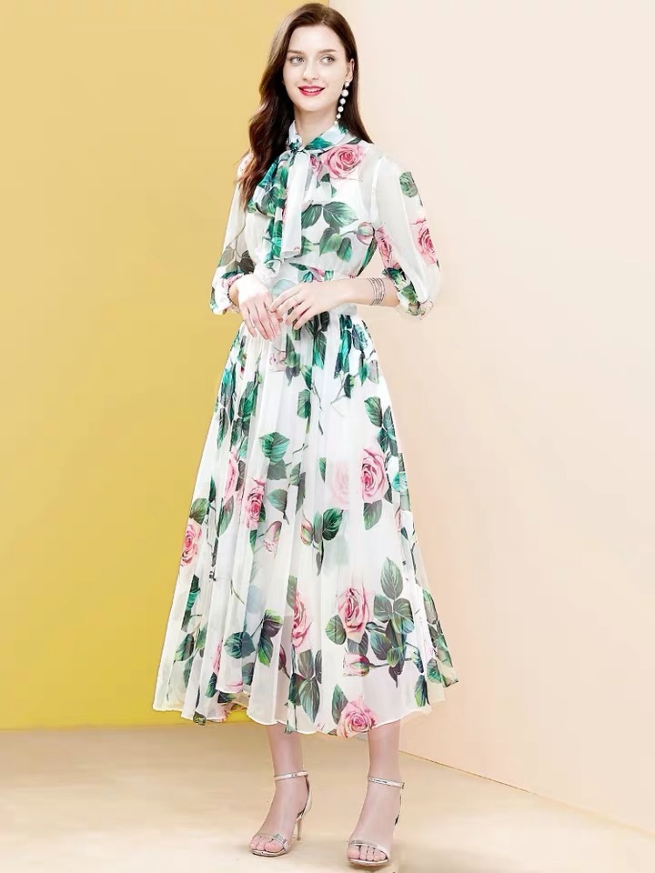 Spring Summer Runway Vintage Rose Flower Print Party White Dresses Women's Elegant Bow Collar DinnerBoho Beach Midi Dress 210421