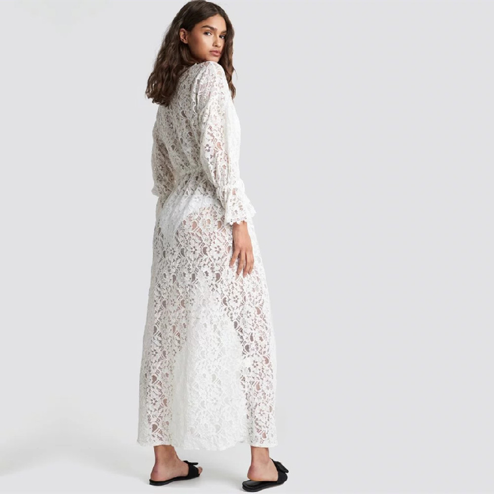 Tunics for beach Long Lace Beach Dress Women Swim Cover up Plus size Saida de Praia Robe Plage Kaftan #Q973 210420