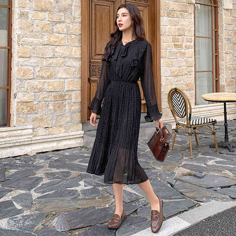 Autumn Women Vintage High Waist Pleated Dress Elegant Polka Dot Chiffon es Black Bow Collar Vestidos 11185 210427