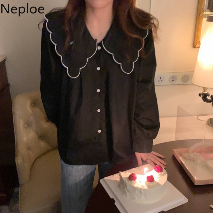 Neploe Women Shirt Peter Pan Collar Long-sleeve Blouse Spring Korean Blusas Loose Elegant Single Breasted White Basic Tops 210422