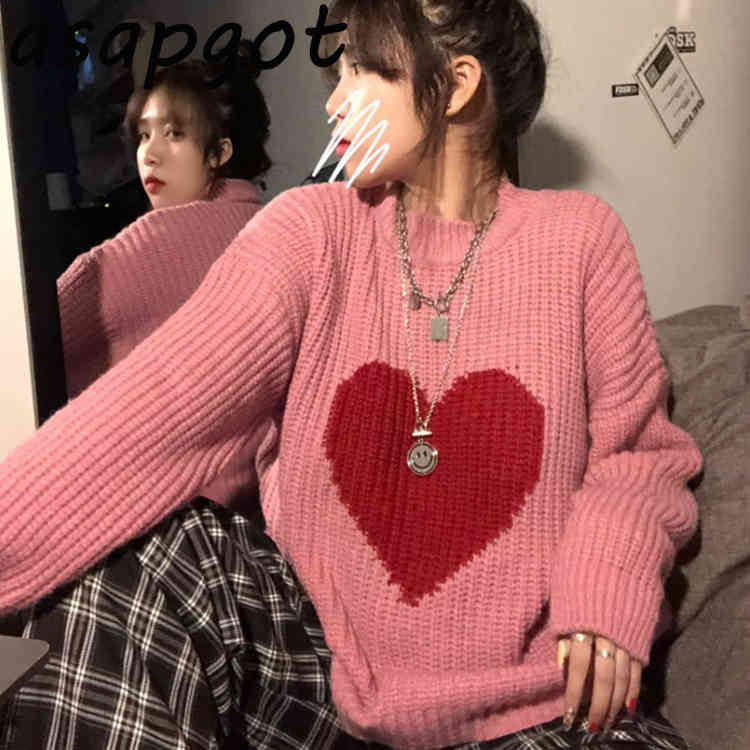 Sweaters&Jumpers Women's Clothing Chic Fashion Sweet O Neck Long Sleeve Love Heart Print Pullovers Sweater Casual Pull Femme 210429